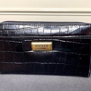 BNWT Osprey London Womens Black Leather Mock Croc Matinee Purse Wallet / Clutch